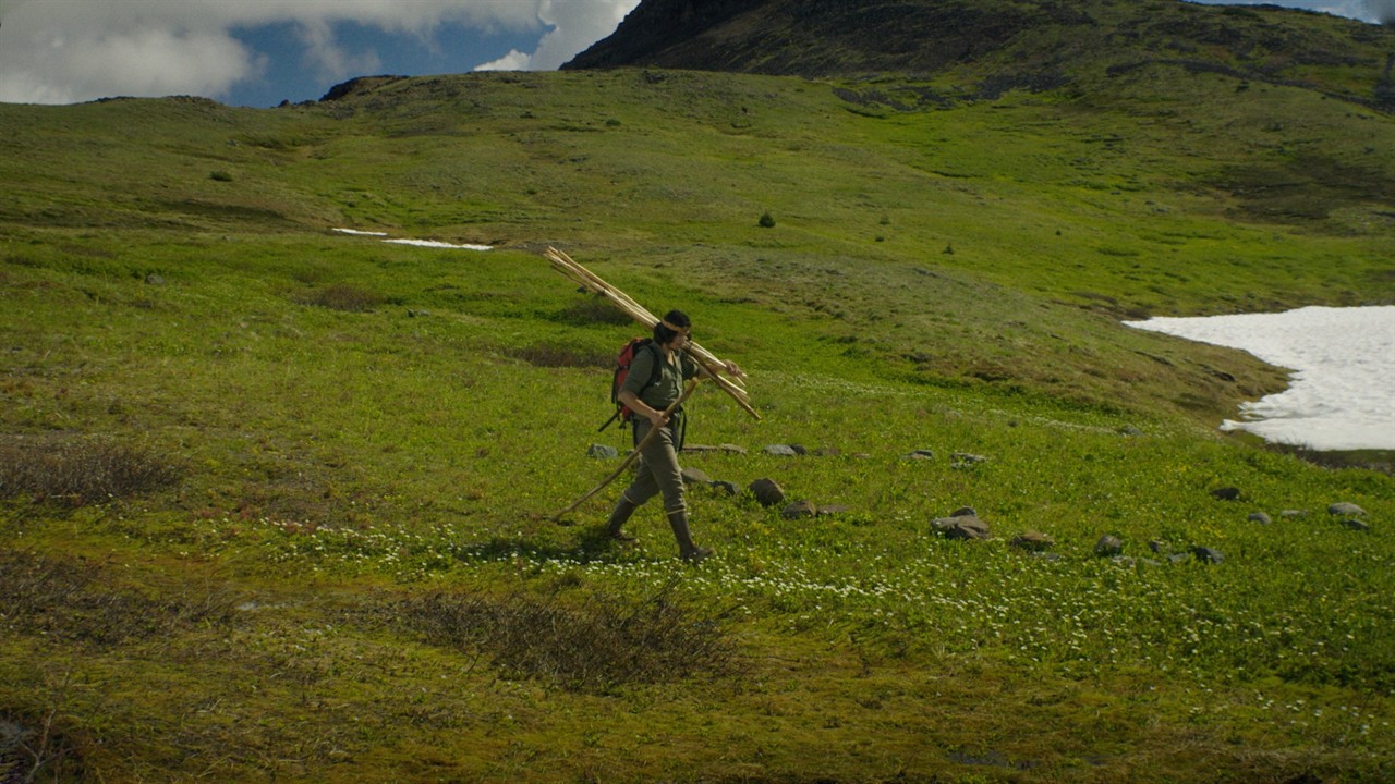 Person walking across a field carring wood